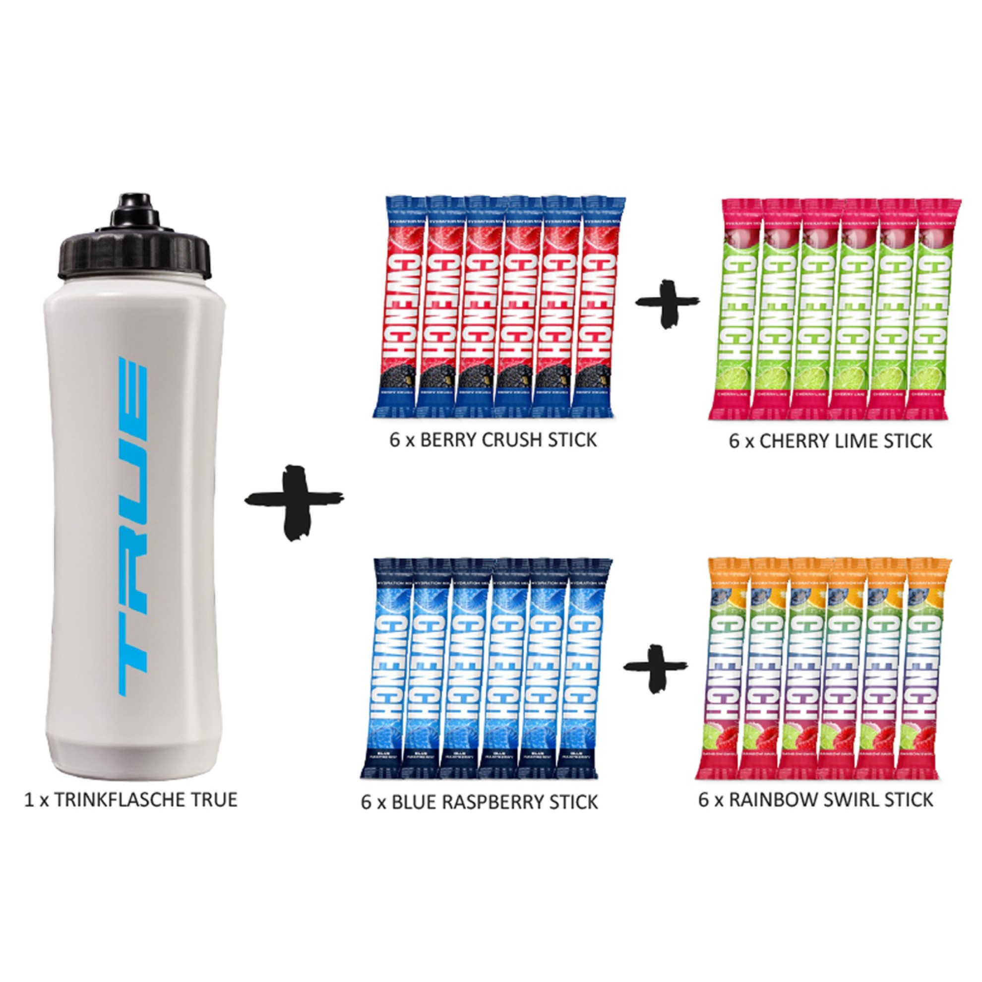 Image of PROBIERPAKET ELECTROLYTE MIX / Farbe: blau / Flasche: Trinkflasche TRUE 1 Liter, weiss / Sorten: 6 x Berry Crush, 6 x Cherry Lime, 6 x Blue Raspberr